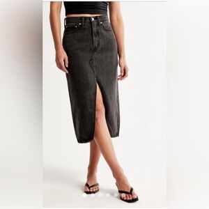 Black Denim Midi Skirt with front slit